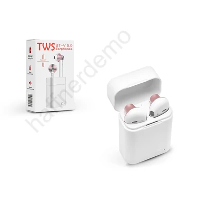 TWS sztereó Bluetooth headset v5.0 + töltő dokkoló - TWS EP003 Earphone - white/pink